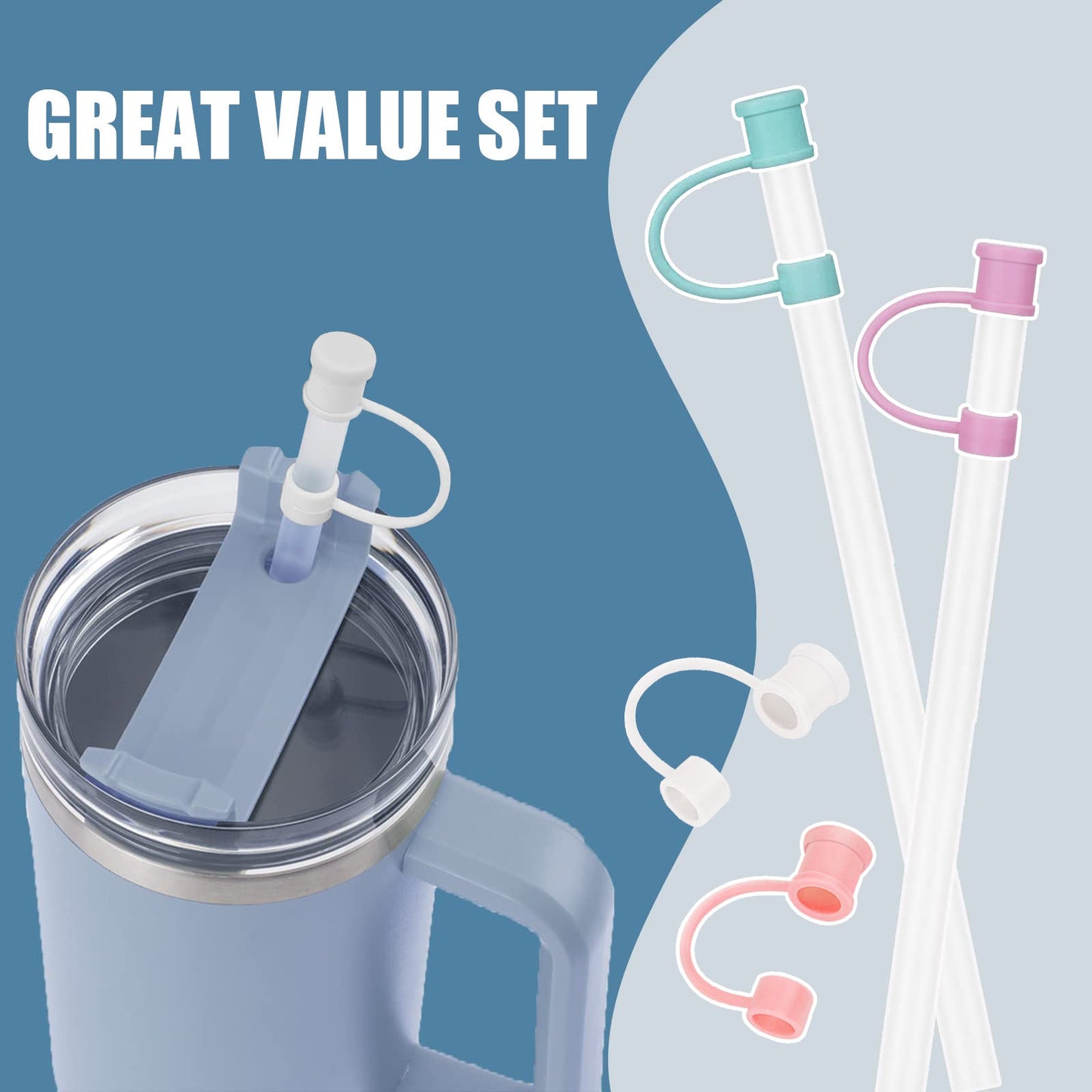 4 Pack Silicone Straw Covers Cap & Plastic Straw & Straw Brush Set